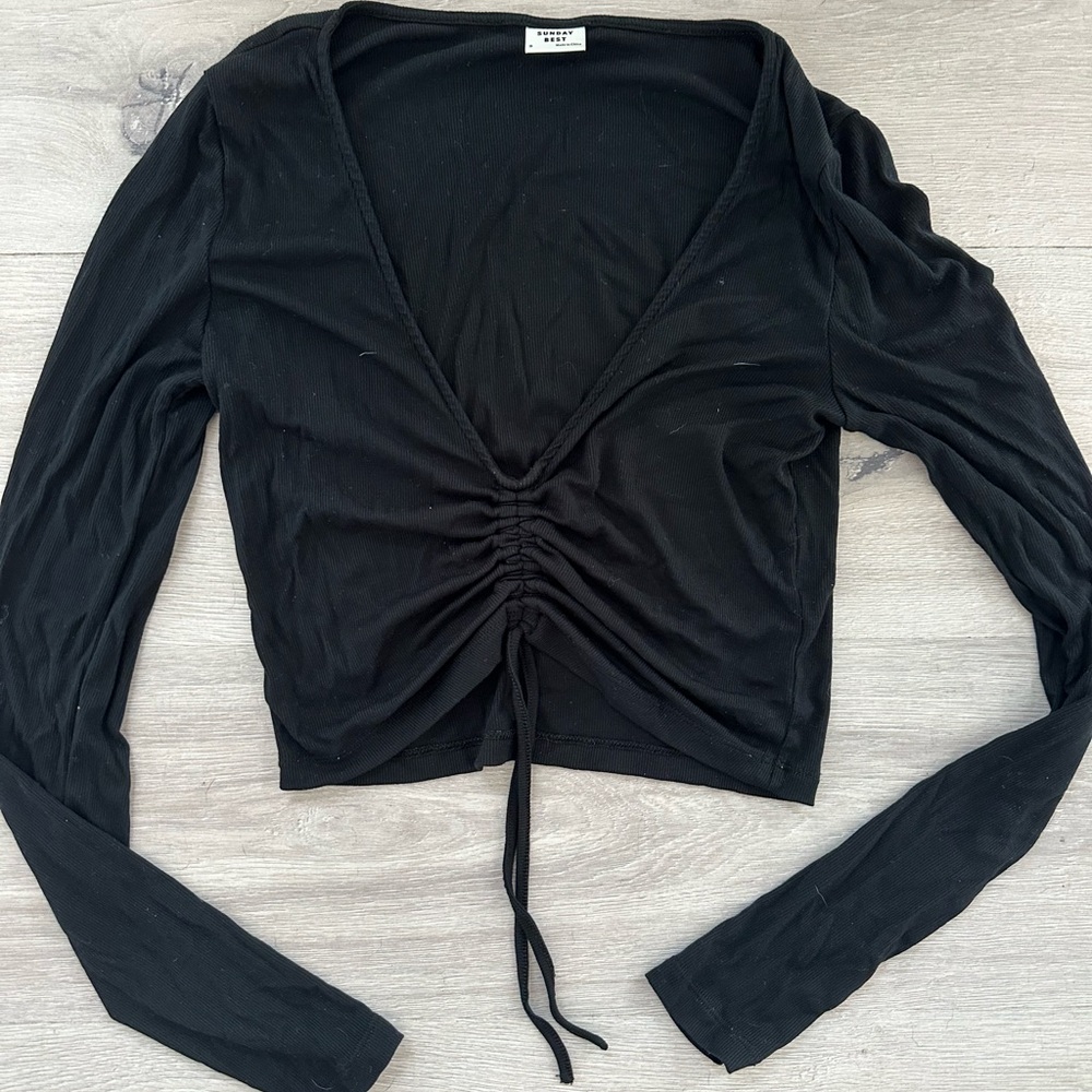 Sunday Best Black Ruched Tie Front Blouse